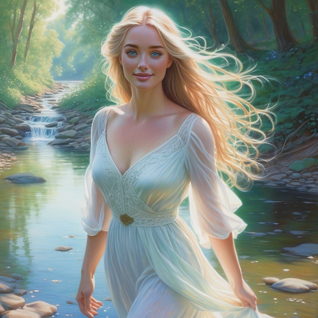 Beautiful Woman in Dappled Wood, Colored Pencil Art