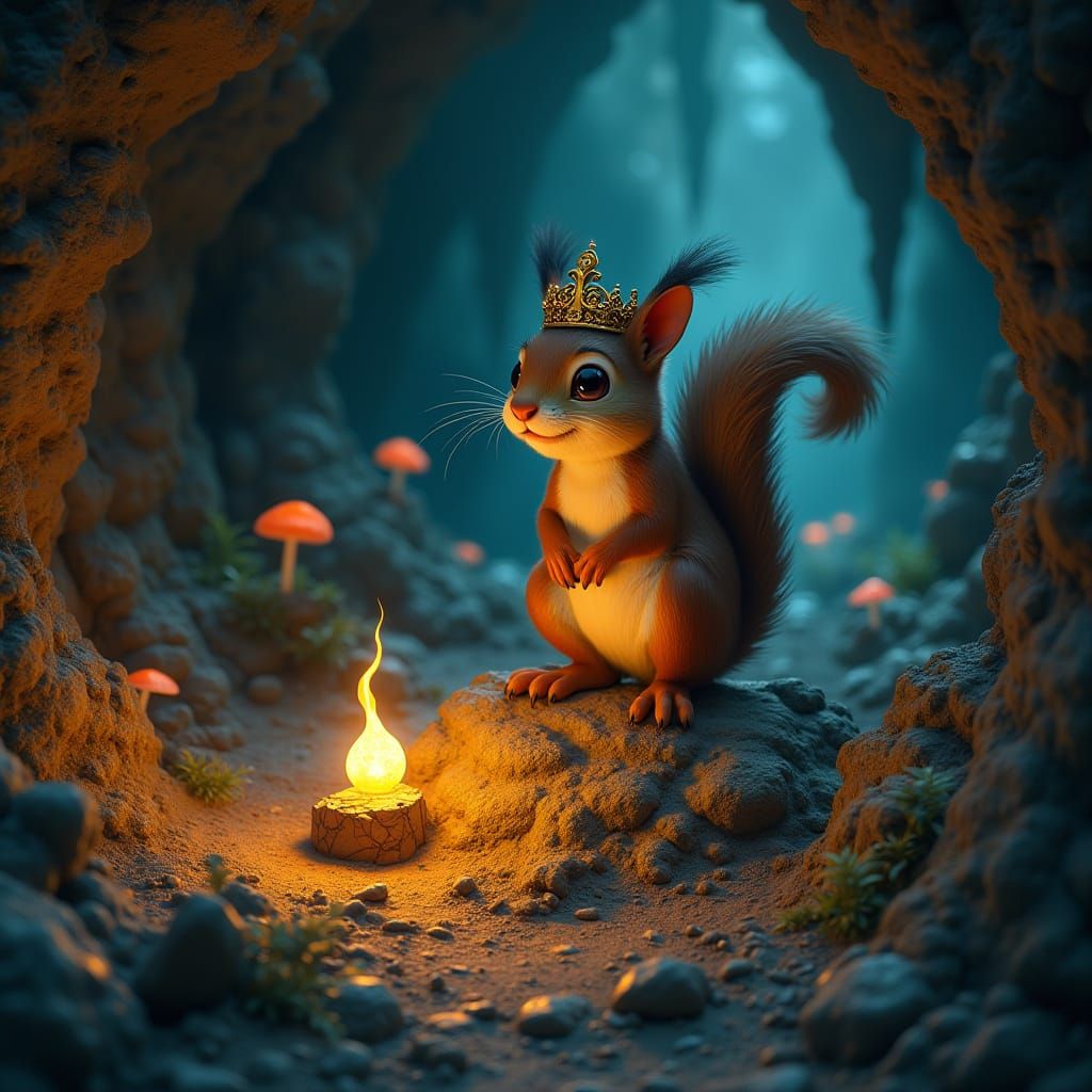 Mischievous Squirrel King with Glowing Artifacts in Fungal C...