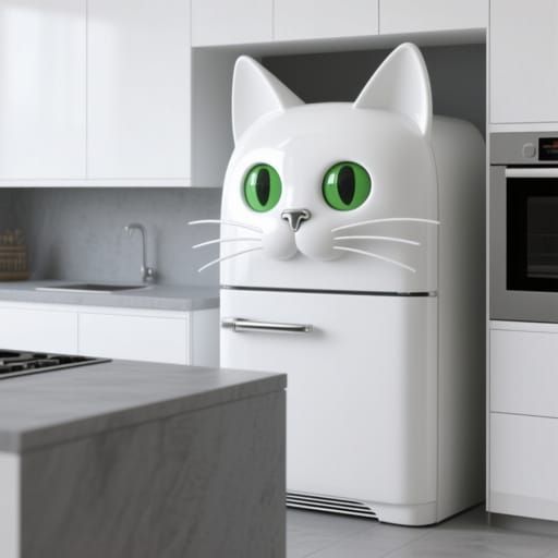Modern Kitchen with Cat-Shaped Refrigerator