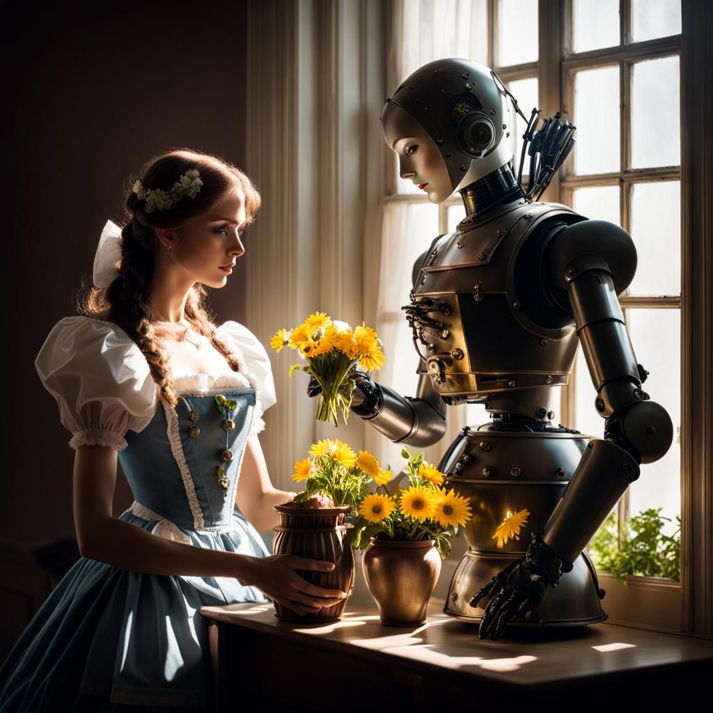 Victorian Robot Maid Tending Flowers