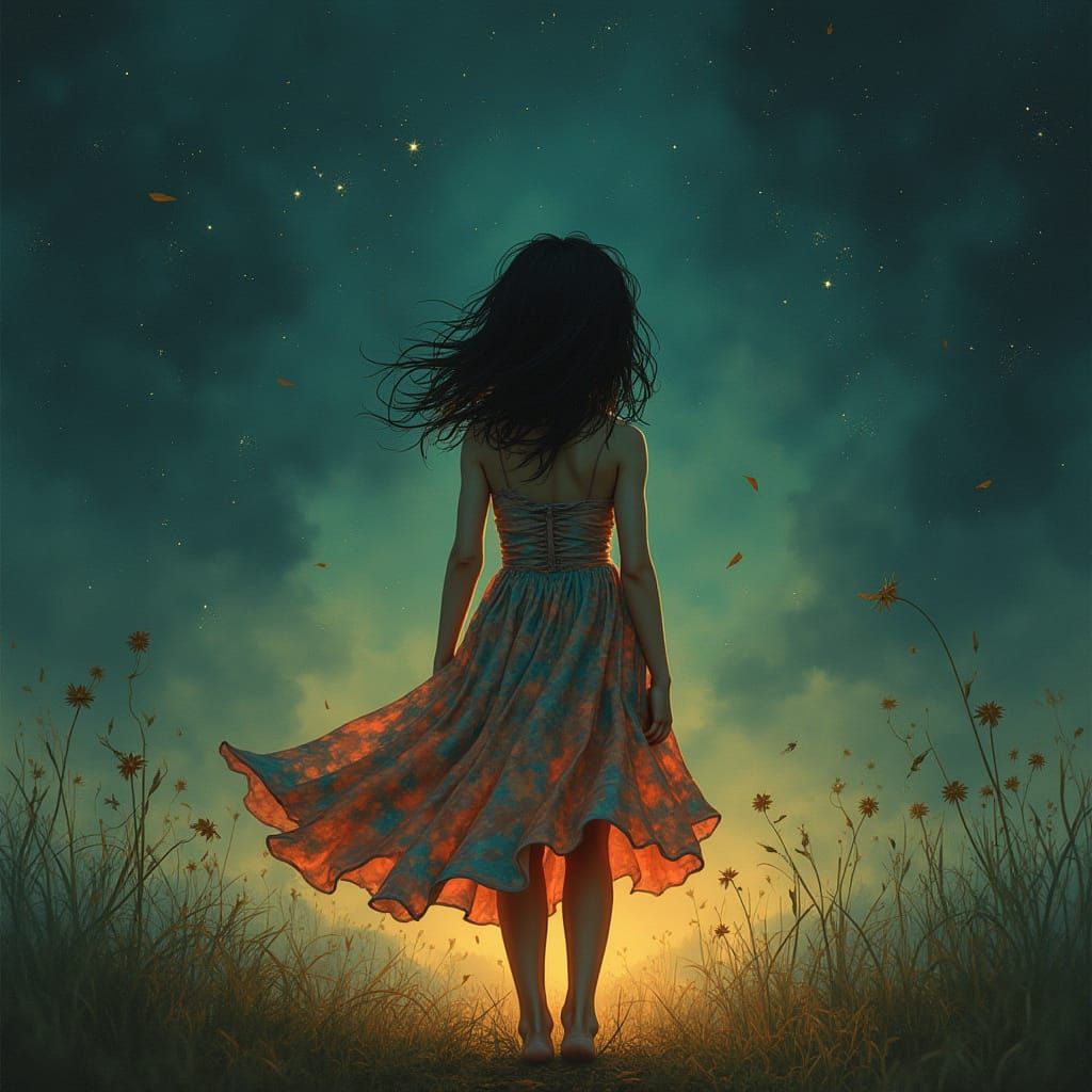 Melancholic Girl in Flowing Dress with Starlight
