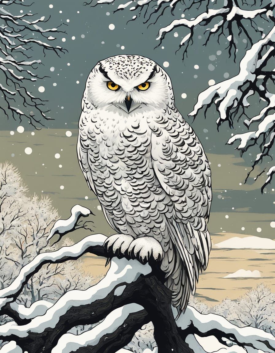Majestic Snowy Owl in Traditional Japanese Woodblock Style