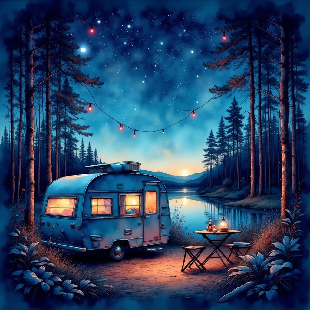 Vintage Camper in Woods with Fireflies at Night