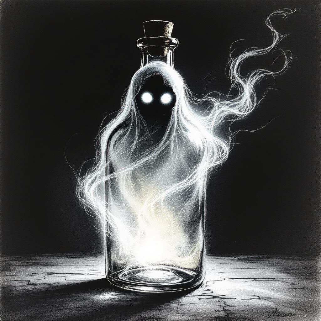 Ghostly Spirit Emerges from Vintage Bottle in Charcoal Drawi...