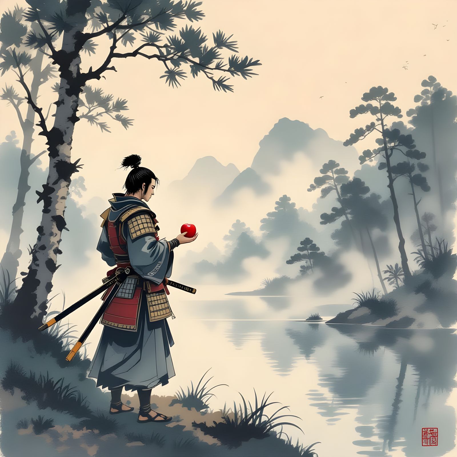 Samurai Contemplation in Sumi-e Style
