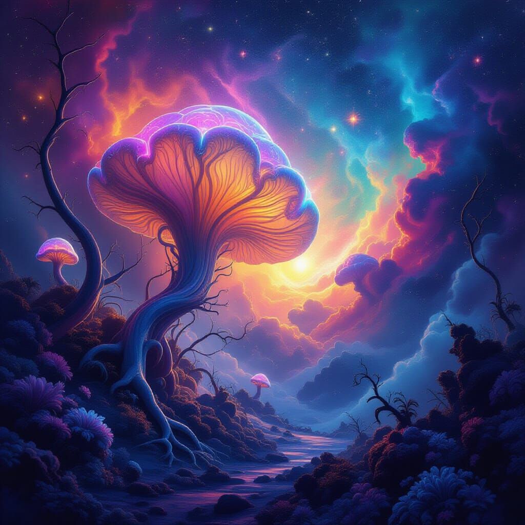 Bioluminescent Galactic Fungus Amidst Swirling Nebula
