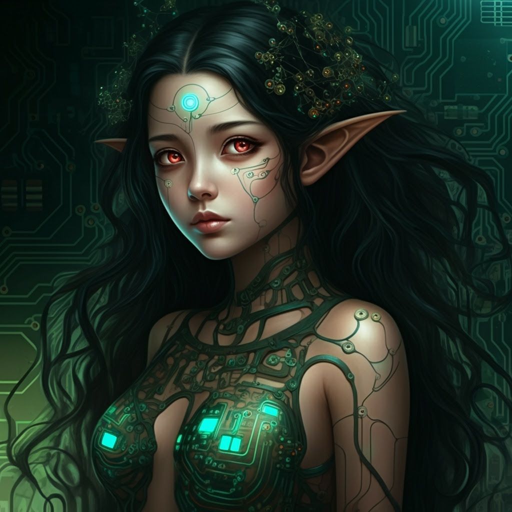 Lovely Elf-Maiden in Cyberpunk Circuit Dress