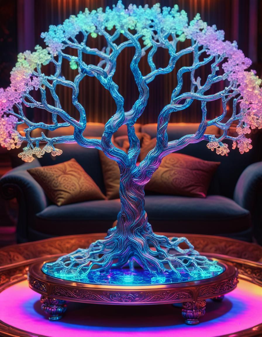 Crystal Tree Sculpture in Synthwave Neon Style