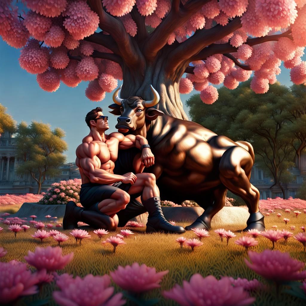 Muscular Bull Smelling Flowers Under UFO Spotlight