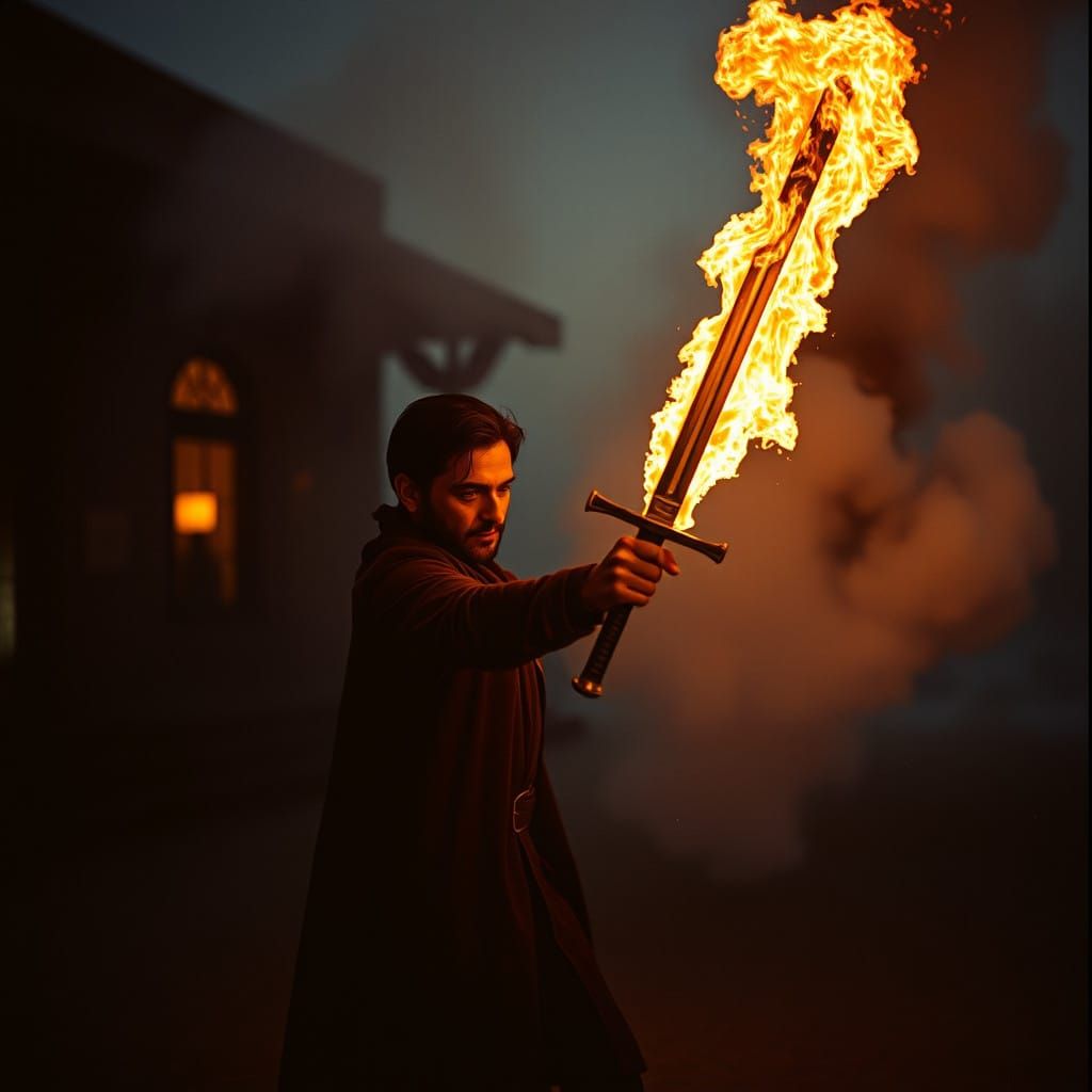 Epic Cinema Still of Hero Holding Flaming Sword, Shot on 35m...