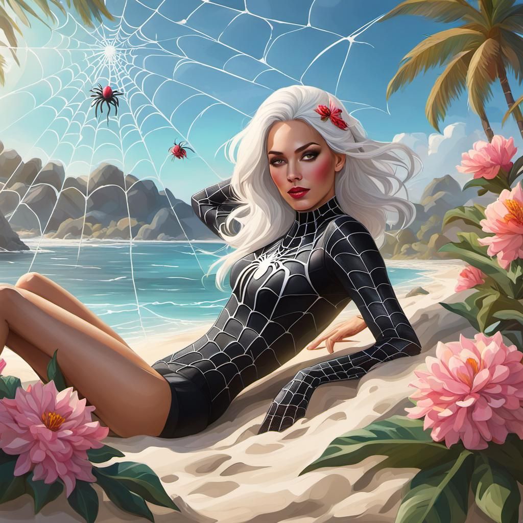 Spidergirl Sunbathing on Paradise Island Beach
