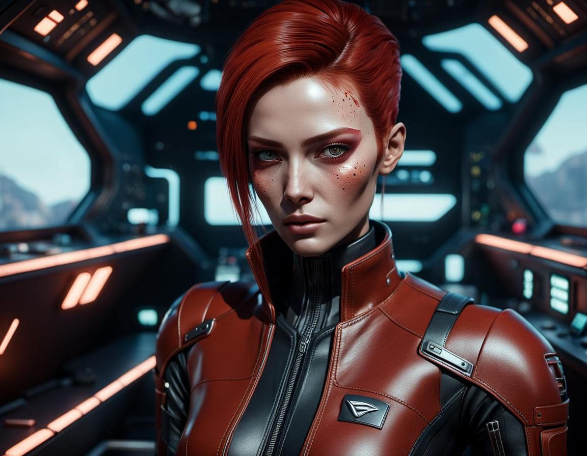 Young girl, tall, slim, sharp fine lines of the face, looks like Voynon Ryder, red straight hair, brownish-red leather c...