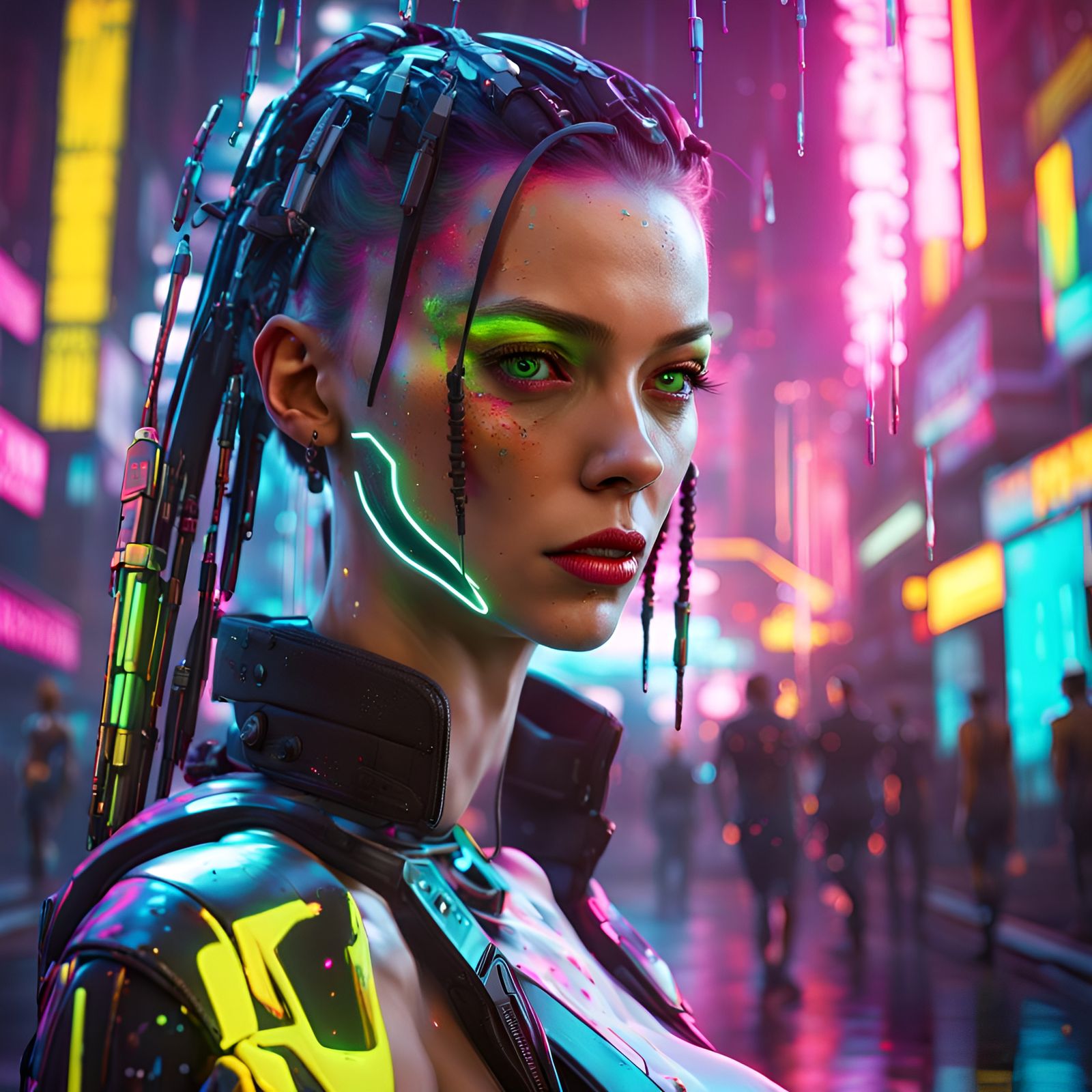 Cyberpunk Woman with Mantis Blades in Neon Cityscape