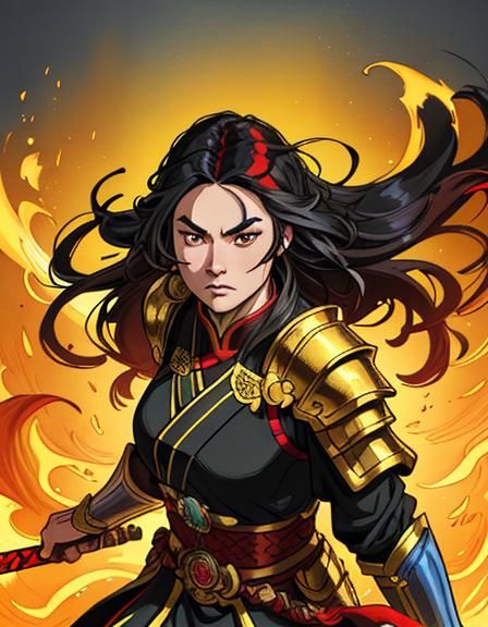 Girl in Golden Armor Walks on Fire: Fantasy Art