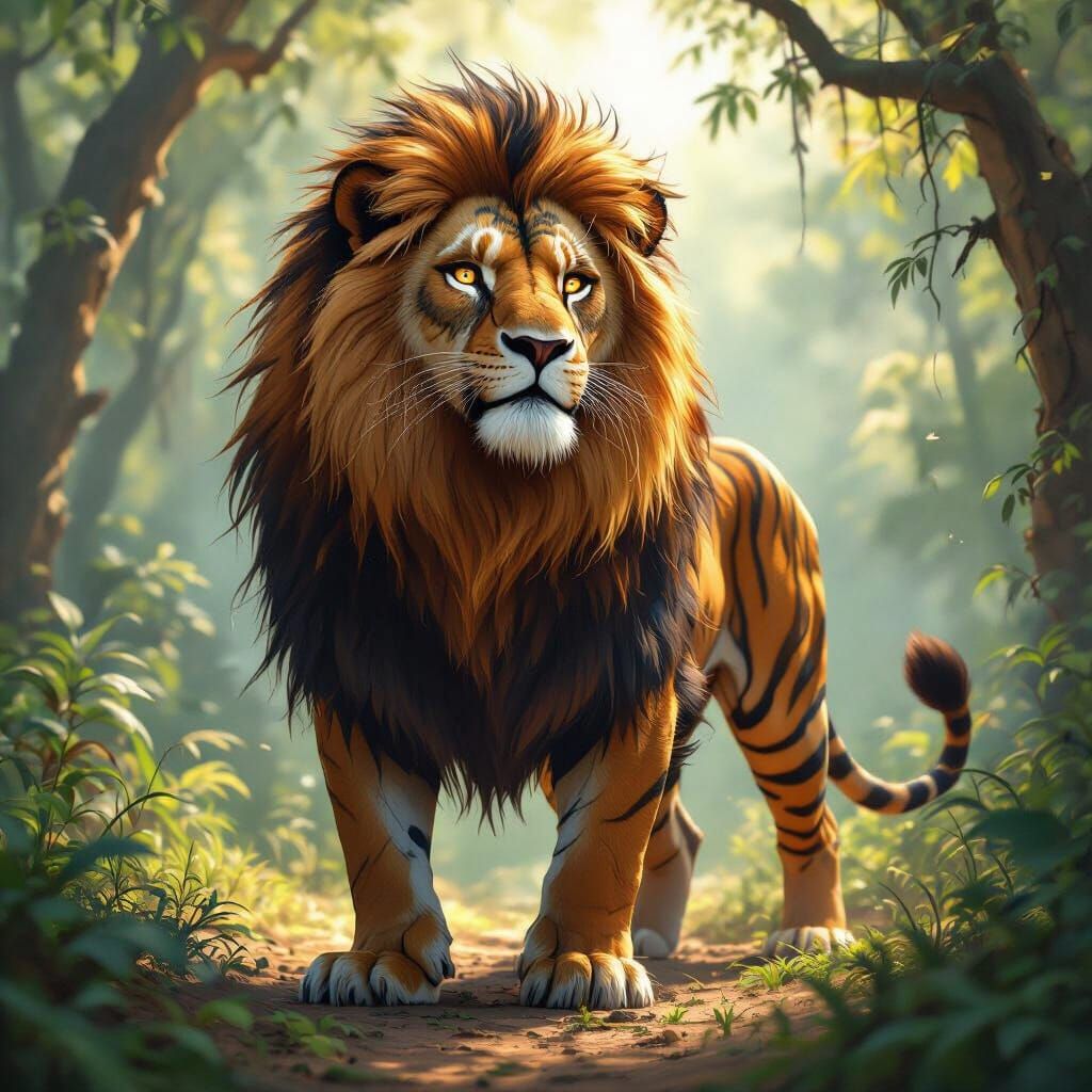 Majestic Lion-Tiger Hybrid in Sunlit Jungle
