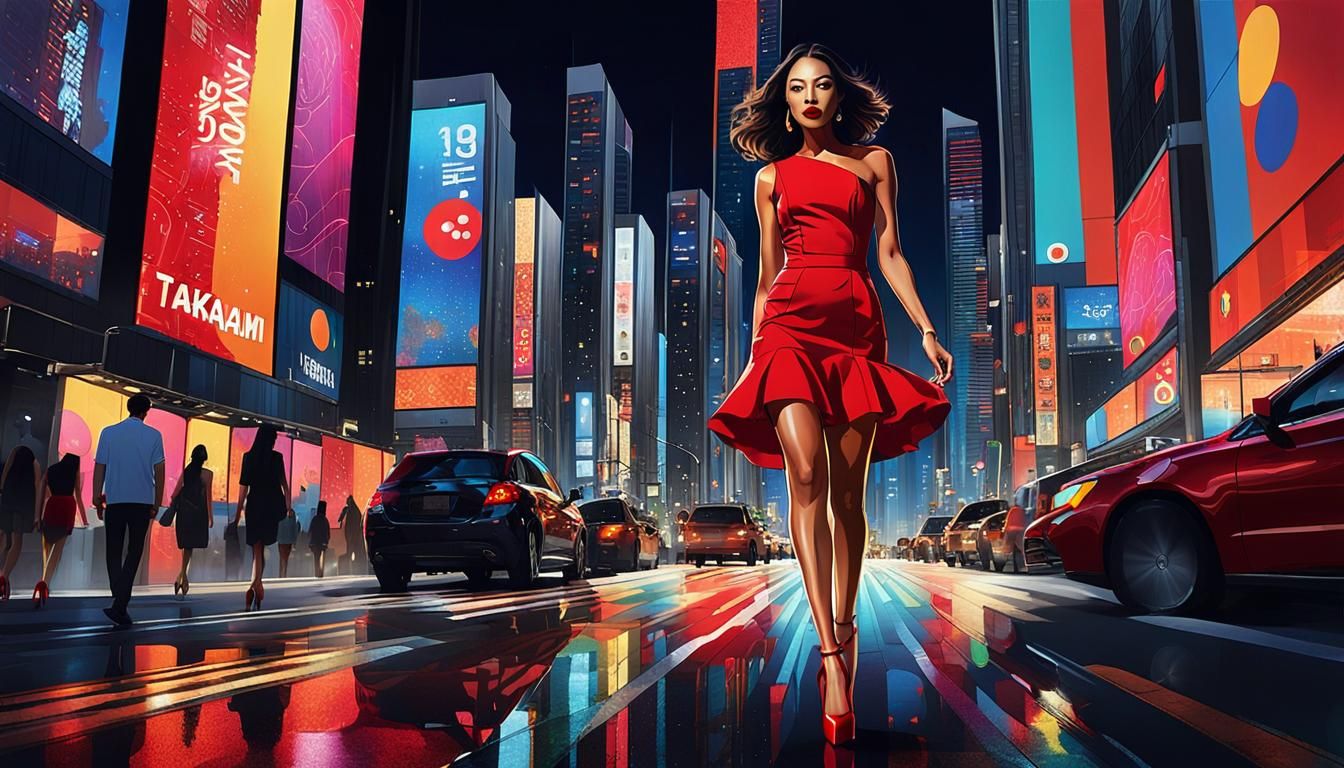 Latina in Red Dress: Cyberpunk Cityscape