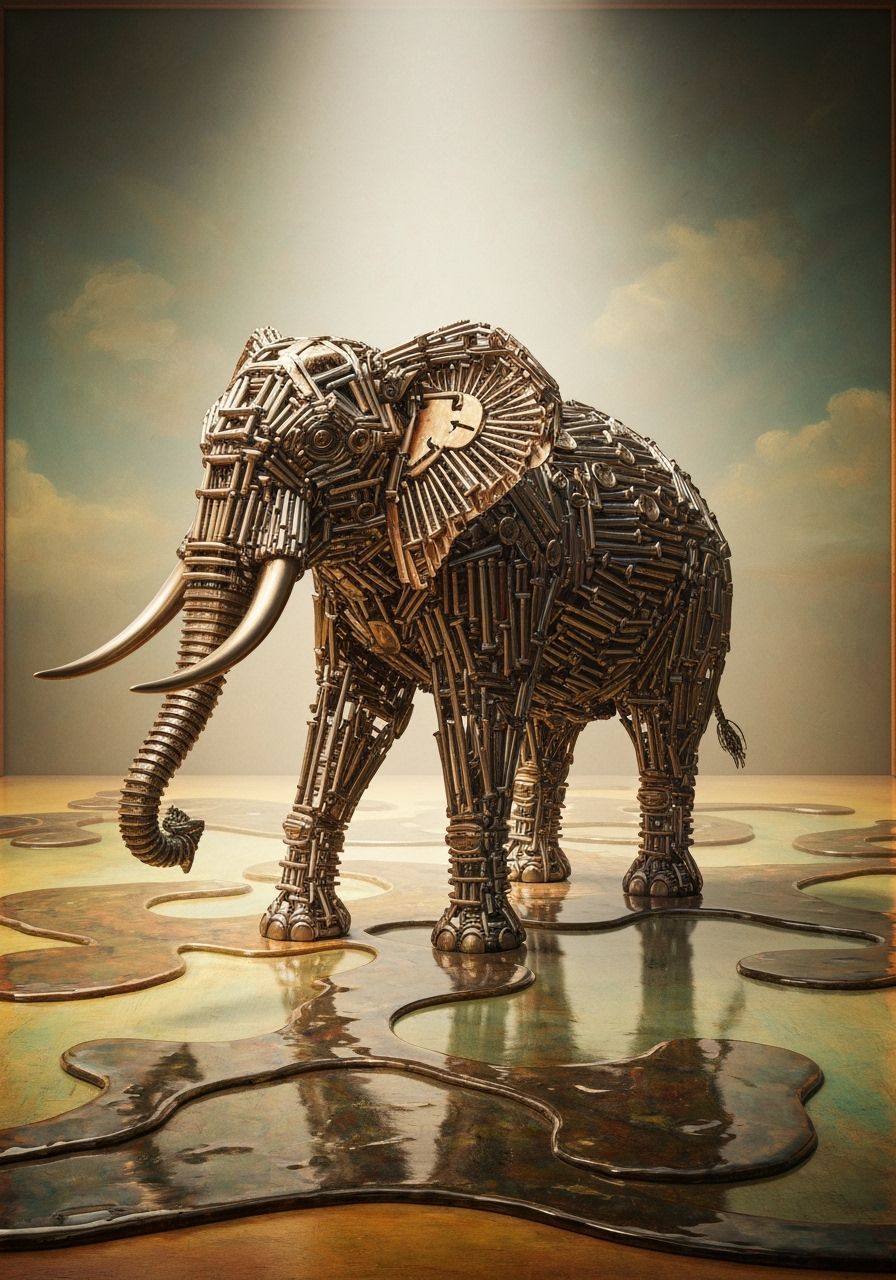 Elephant Crafted from Screws and Nails in Surreal Painting