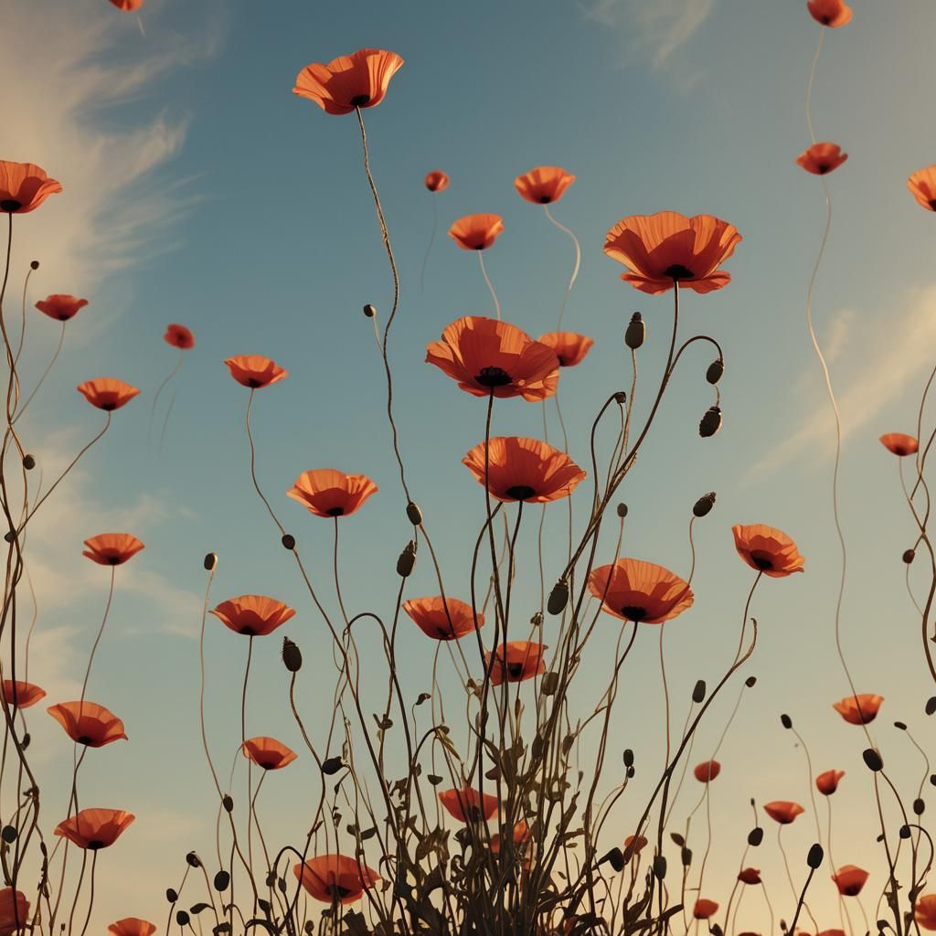 Delicate Ceramic Poppy in Abstract Gradient Landscape