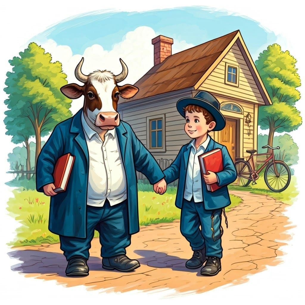 Charming Illustration: Hasidic Cow and Boy Walking