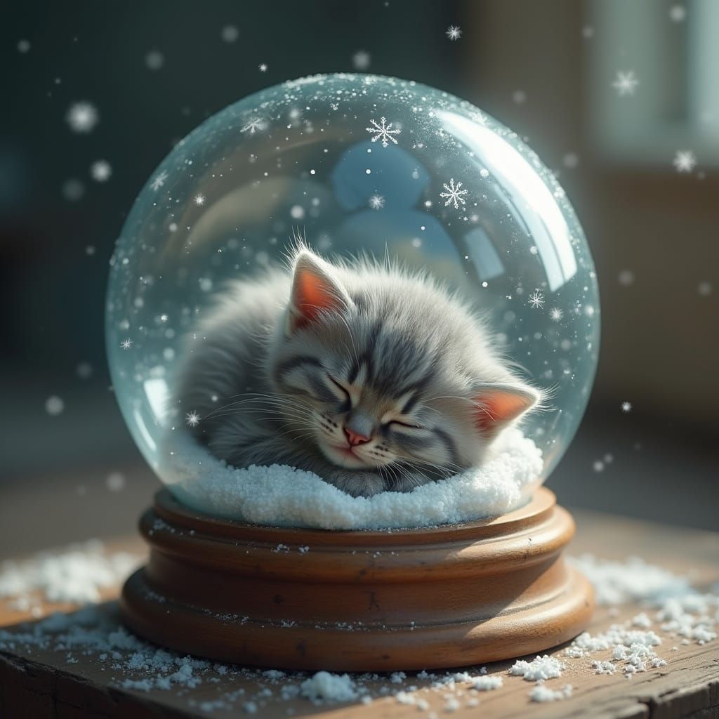 Fluffy Gray Kitten Sleeping in Enchanted Snow Globe