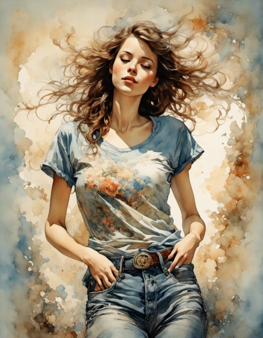 Playful Woman Portrait in Hyperreal Romantic Watercolor