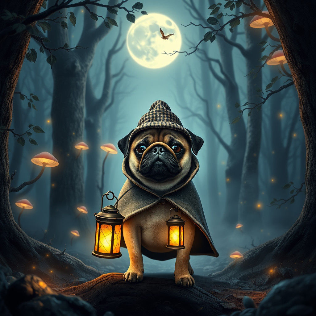 Pug as Sherlock Holmes in Mystical Forest