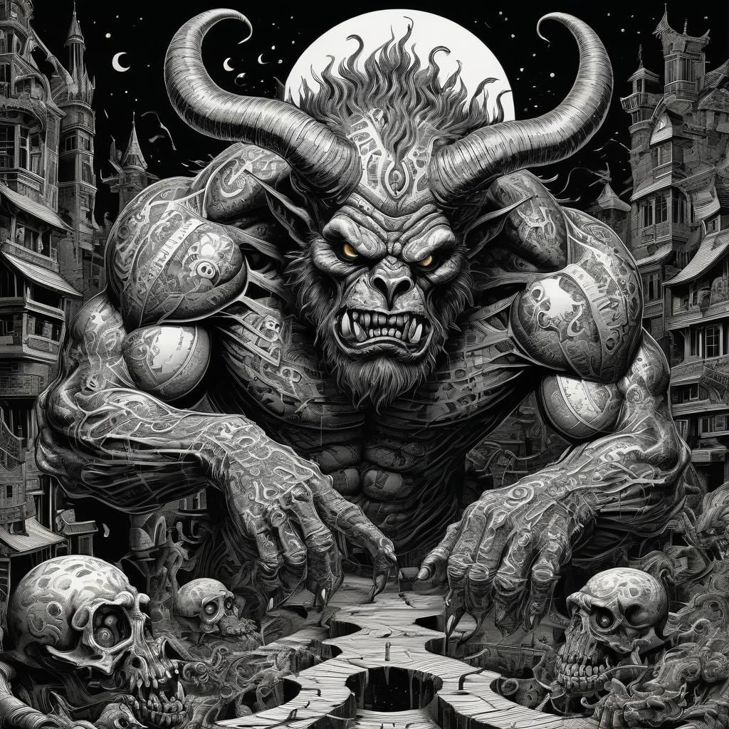 Detailed Ink Drawing of an Evil Demon
