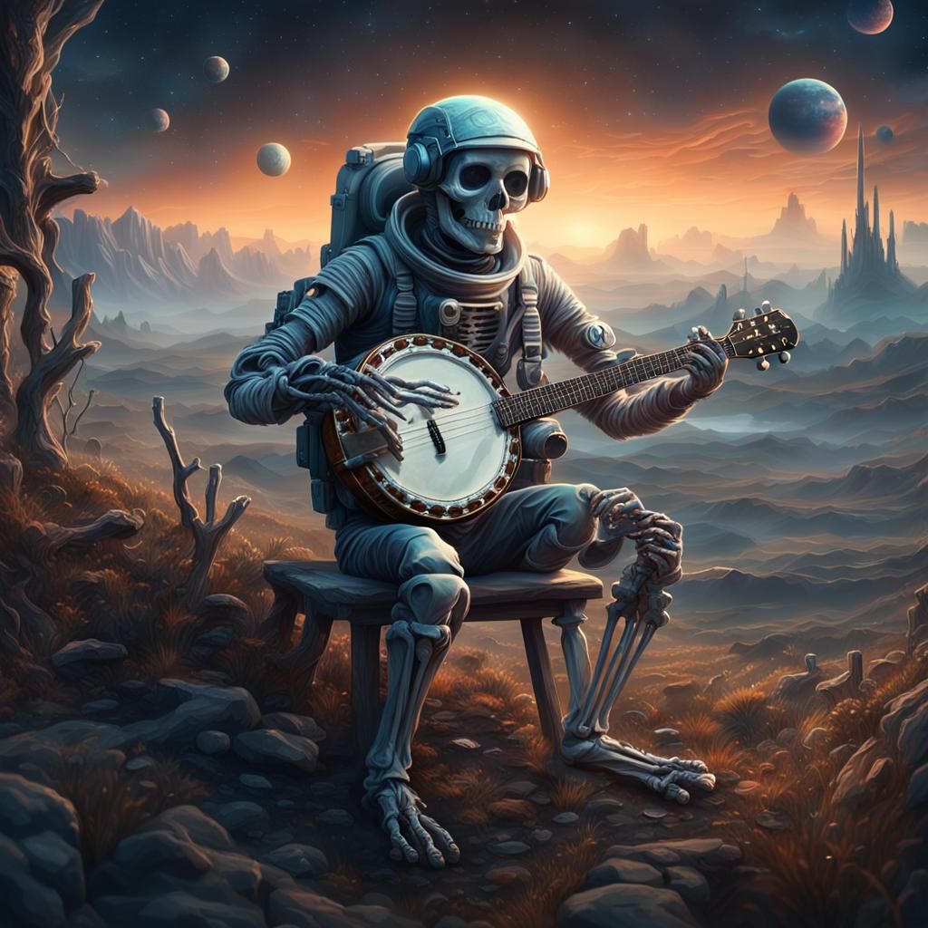 Skeleton Astronaut Banjo Player in Space