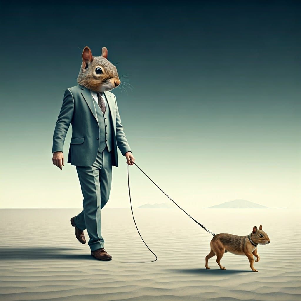 Surreal Squirrel-Headed Man and Dog in Desert