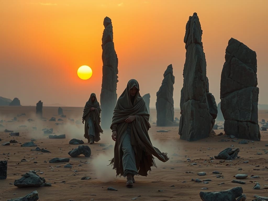 Mysterious Desert Figures at Sunset Amidst Ancient Menhirs