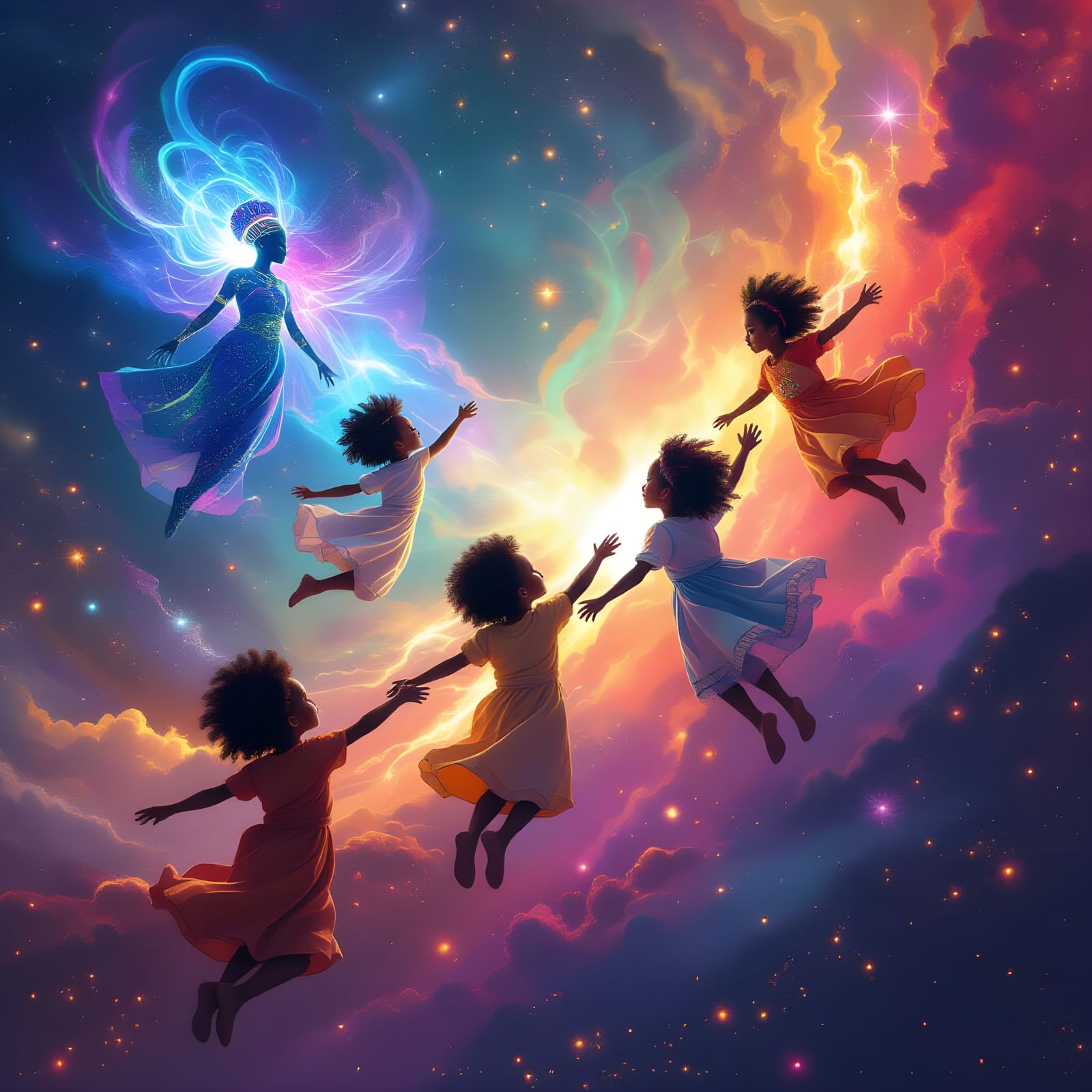 Afrofuturist Children Guided by Ancestral Light Through Cosm...