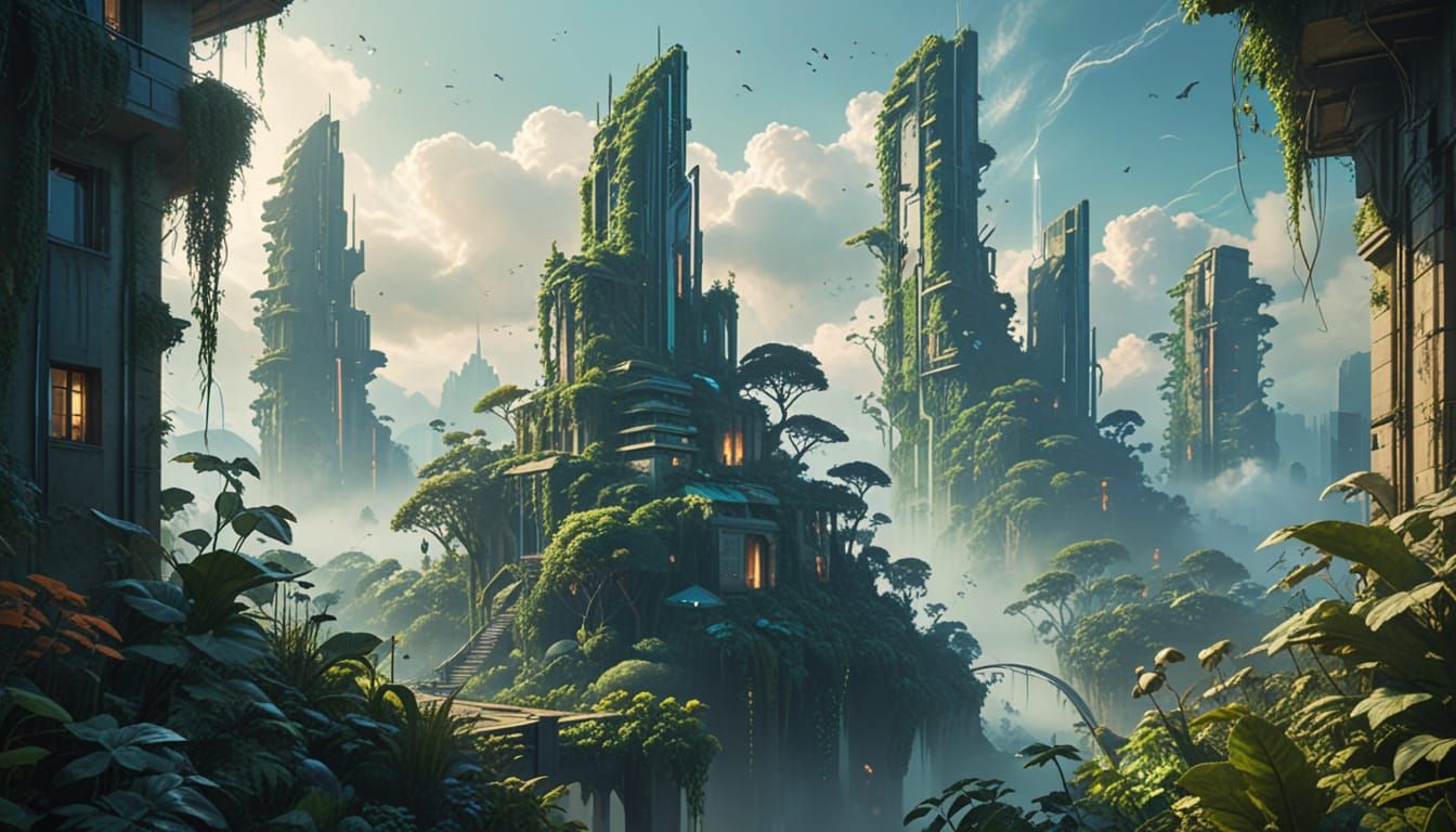 Futuristic City Reclaimed by Lush Nature in Surreal Digital ...