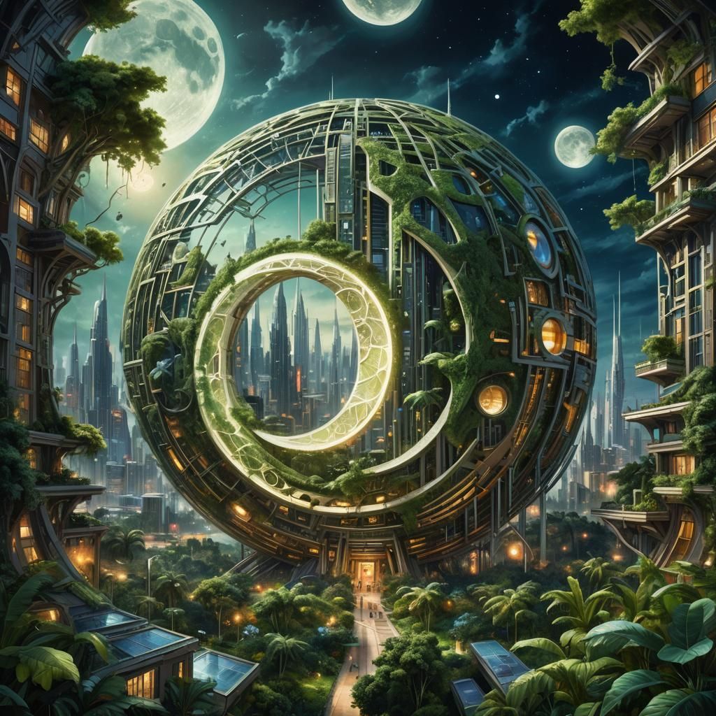 Lush Green Moon Megastructure in Surreal Oil Painting