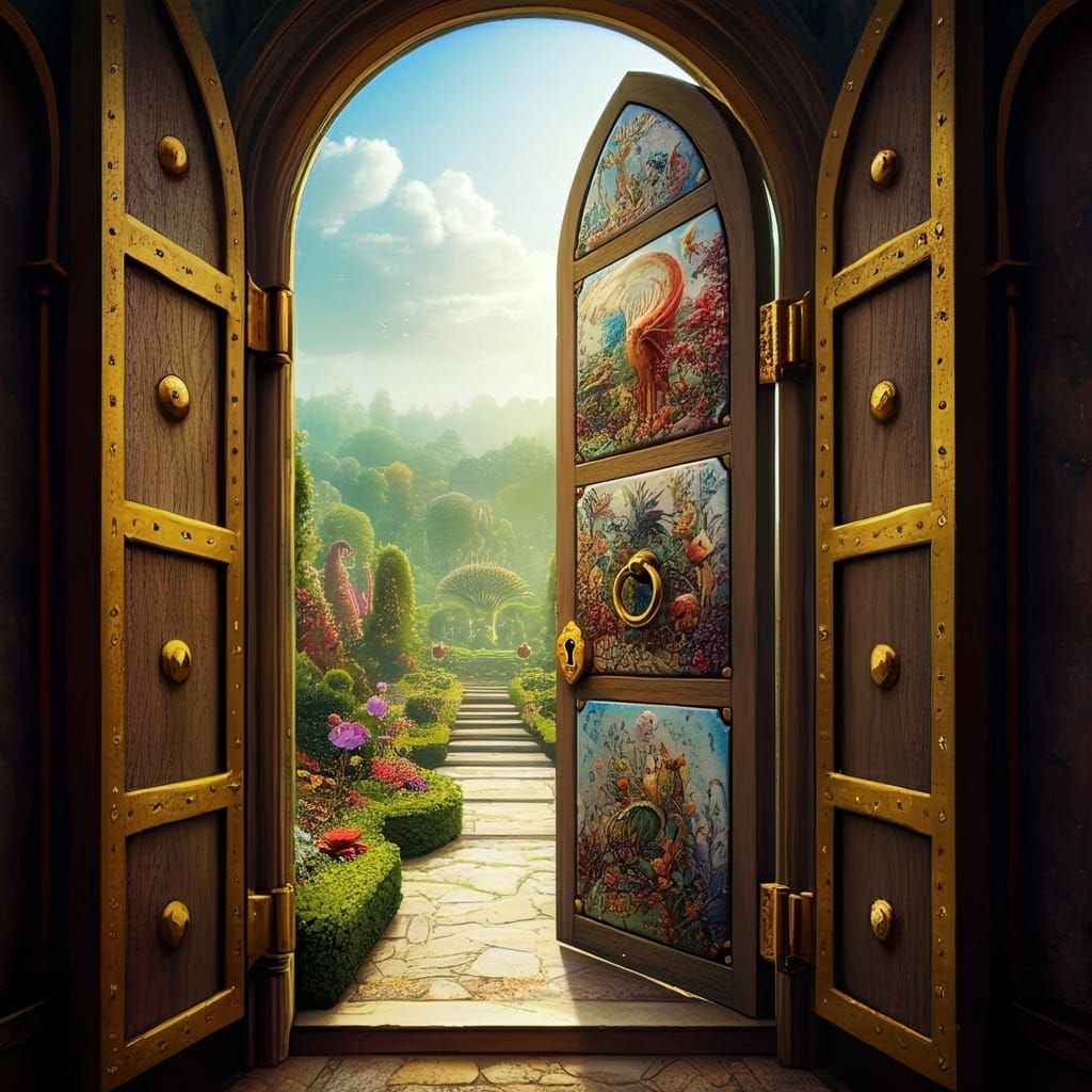 Ornate Door Opens to Enchanted Garden