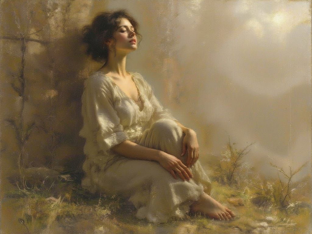 A Young Woman in Muted Colors, Brushstrokes of Impressionist...