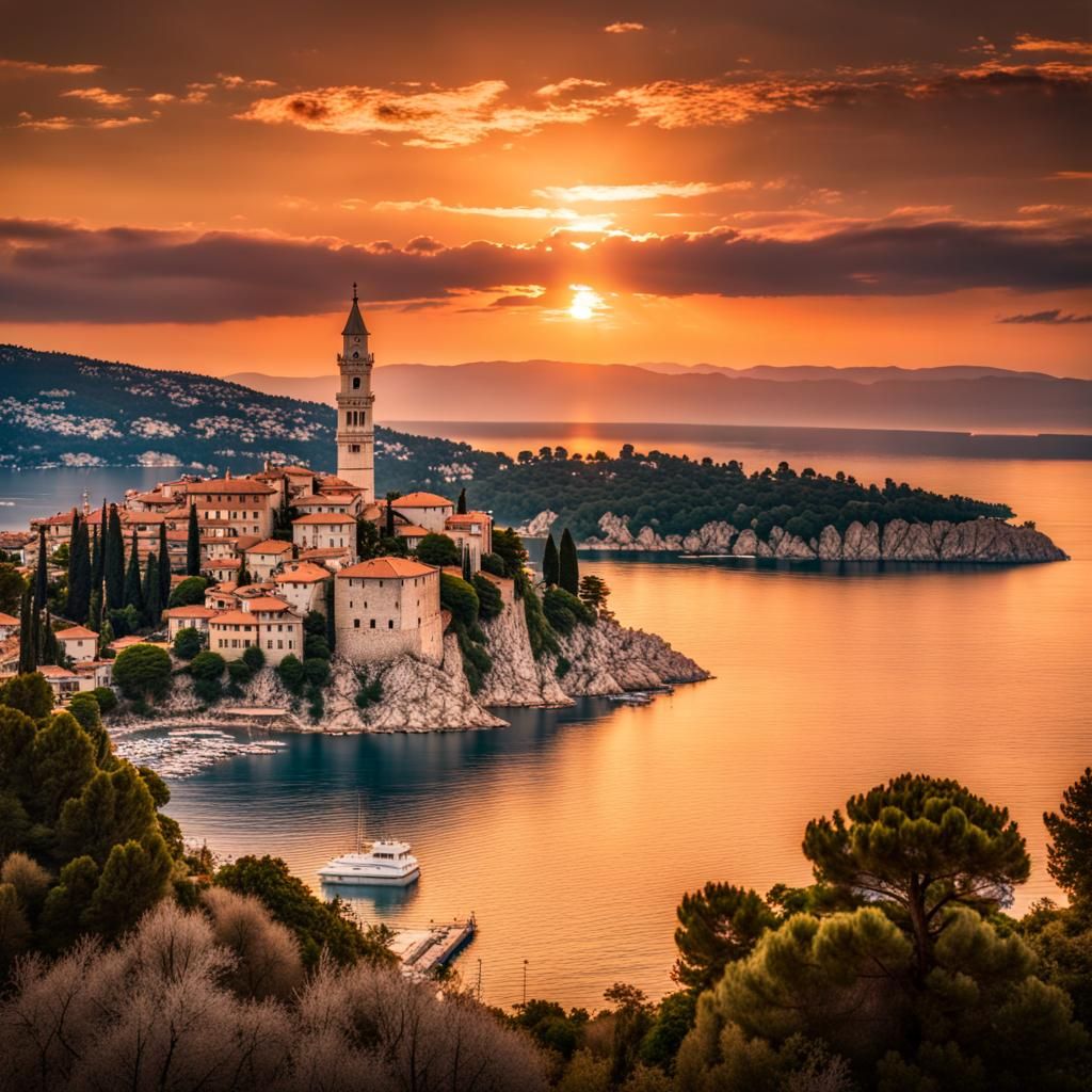Sunrise Over Rovinj, Croatia: Hyperrealistic Mountain Landsc...
