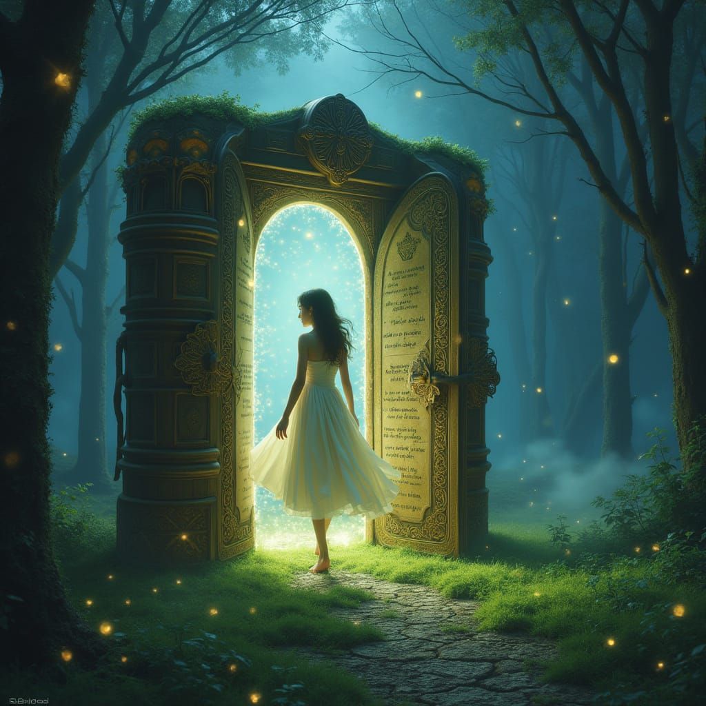 Ethereal Forest Portal: Woman Emerging from Giant Book