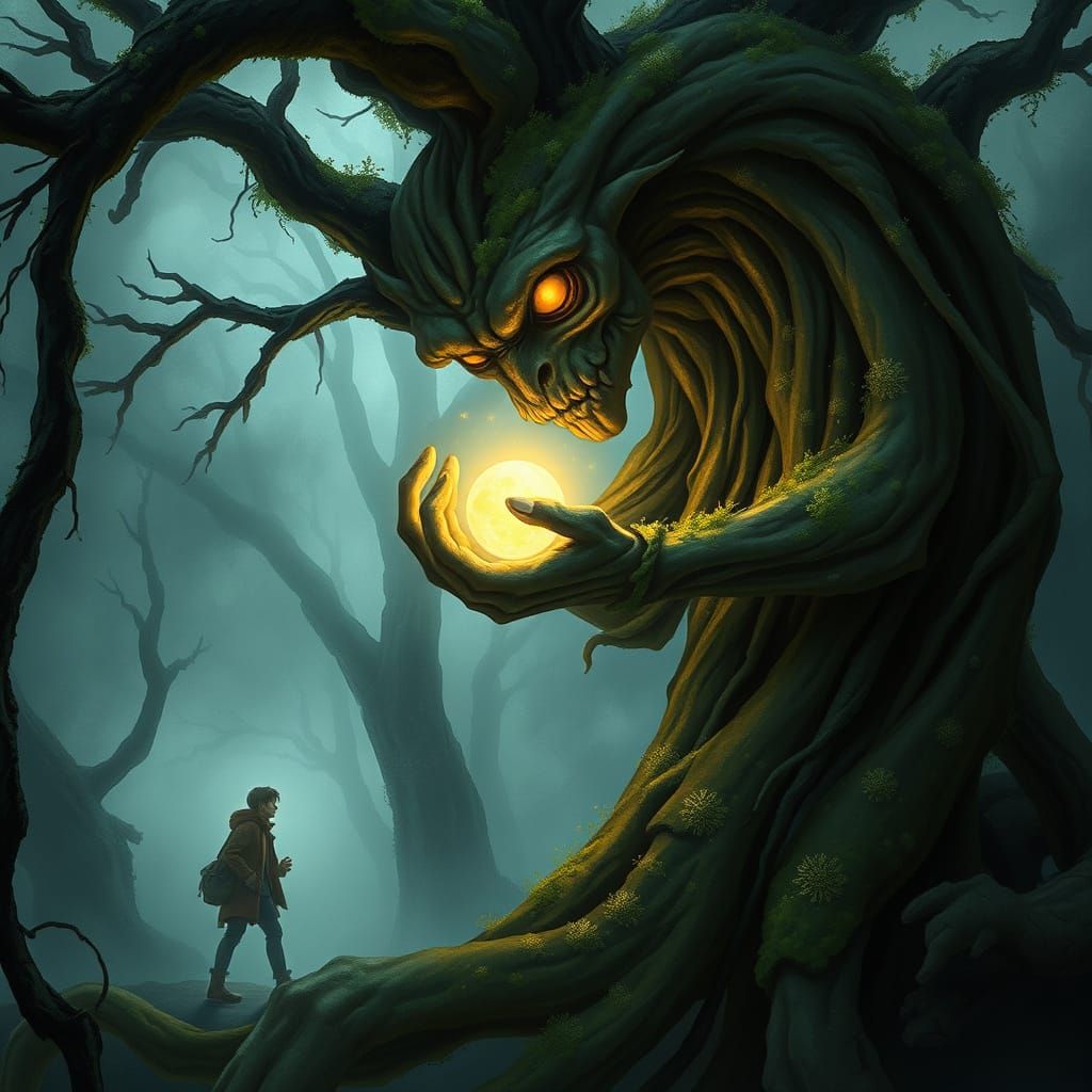 Ancient Tree Spirit Guides Traveler with Glowing Orb