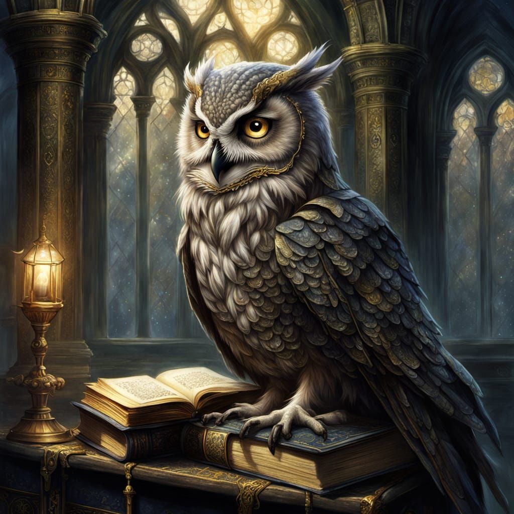 Wise Owl in Gothic Library: Fantasy Concept Art
