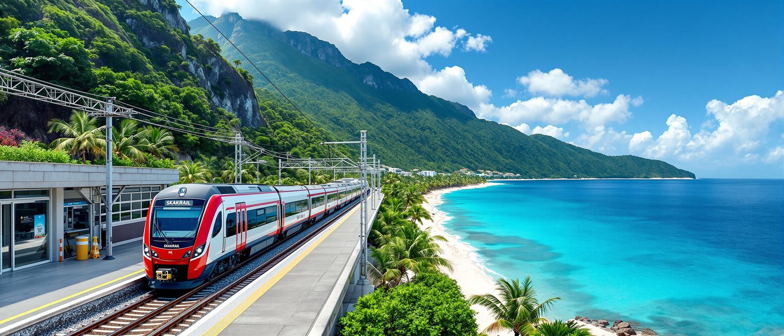 Coastal Train Station with Modern Electric Train in Bright D...