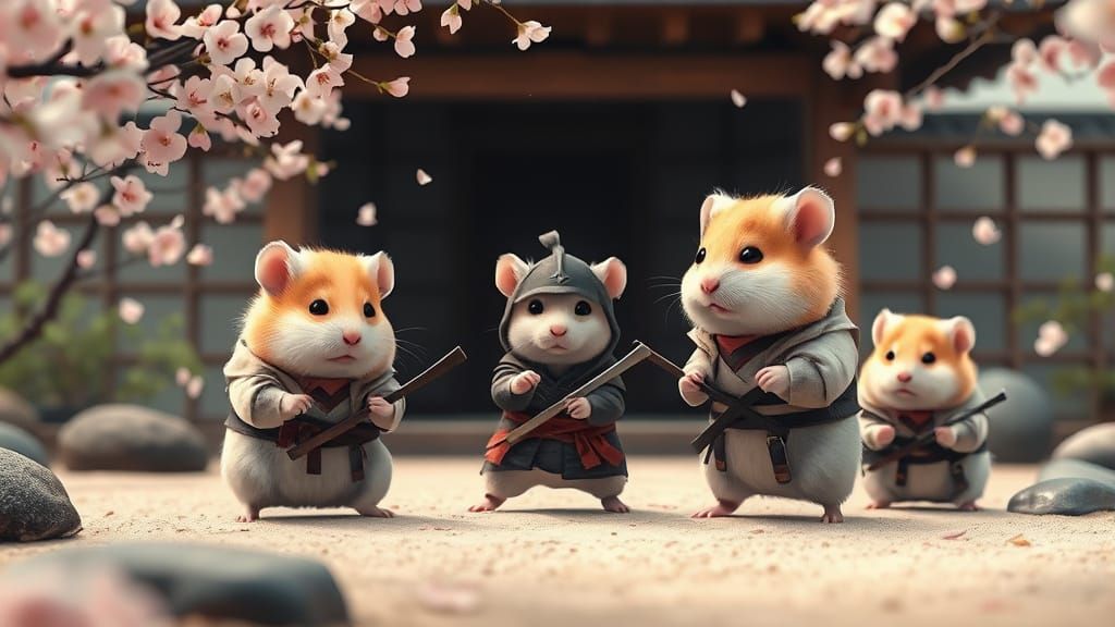 A brave team of chibi hamsters in miniature ninja armor, tra...