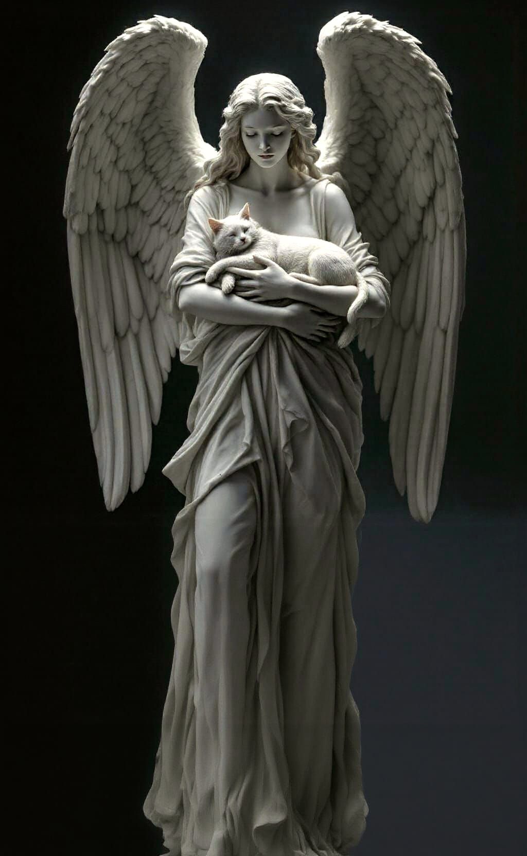 Marble Angel With Outstretched Wings Holding Sleeping Cat