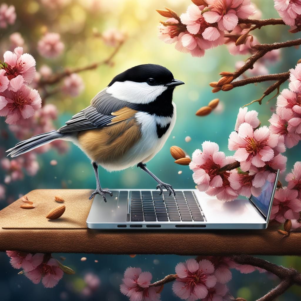 Chickadee on MacBook with Blossoms: Hyperrealistic Splash Ar...