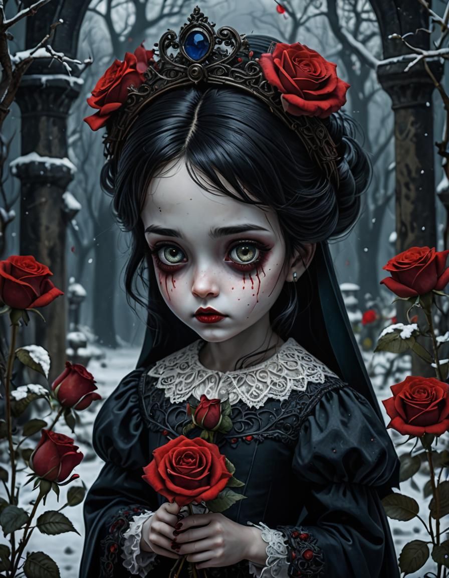 gothic, snow white, cute, big eyes, holding red rose, horror, blacks, blues, yellow, white