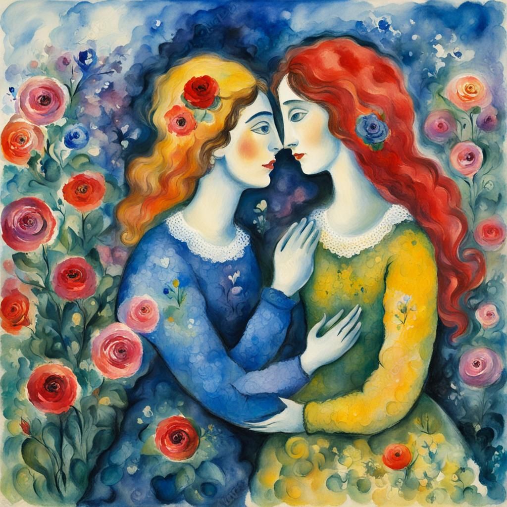 Two Women in Love: Gouache Impressionist Painting