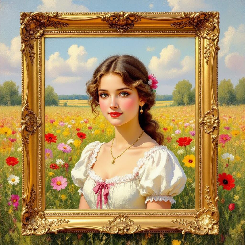 Oil Painting of a Radiant Beauty in a Sunlit Meadow