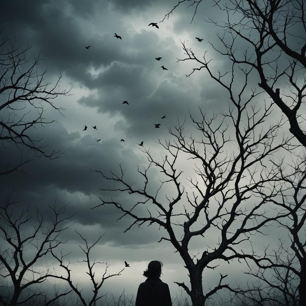 Dramatic Barren Tree with Birds in Film Noir Style