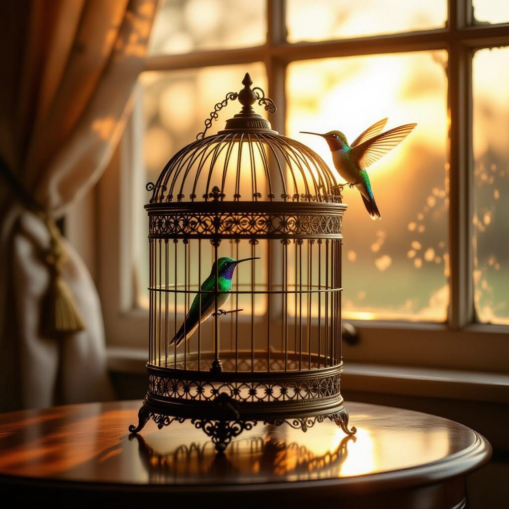 Ornate Birdcage with Hummingbird at Golden Hour