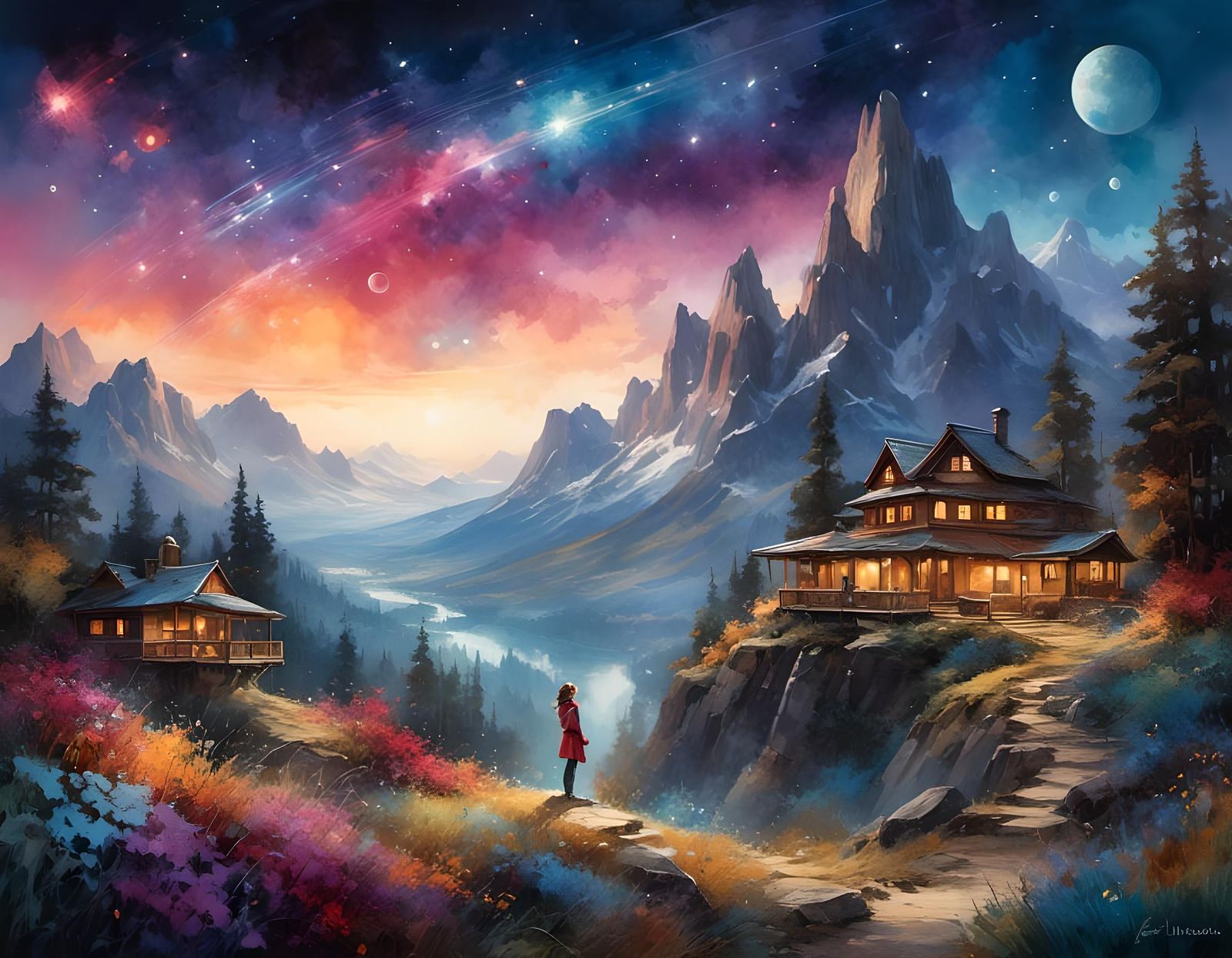 Galactic Shooting Stars in Watercolor Illustration