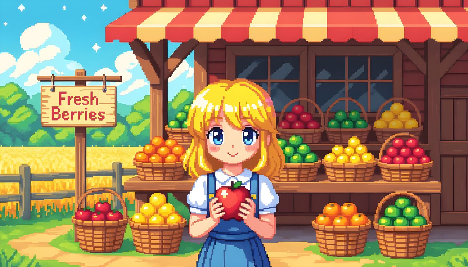 Pixelated Anime Girl at Farmstand Scene